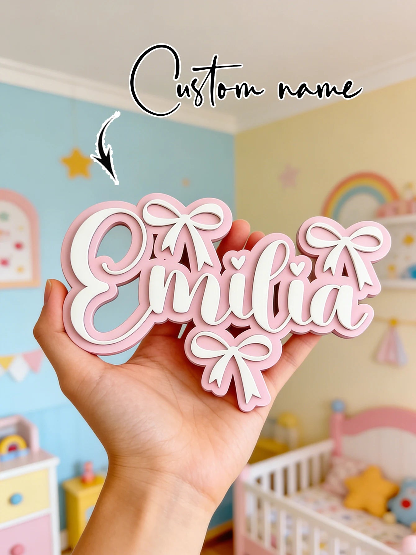Personalized Wooden Name Sign for Girls – Pink Bow Heart Cursive Nursery Wall Decor