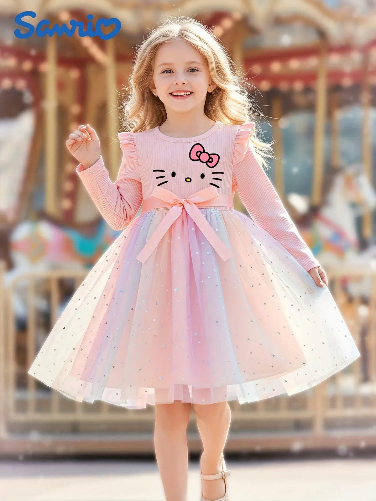 Sanrio Hello Kitty Girls Princess Dress, Autumn Pink Gradient Tulle Tutu Skirt, Kids Long-Sleeve Star Formal Dress