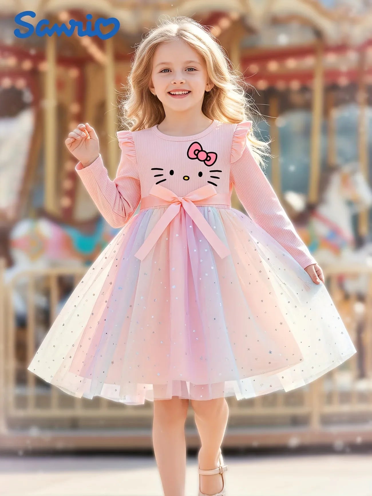 Sanrio Hello Kitty Girls Princess Dress, Autumn Pink Gradient Tulle Tutu Skirt, Kids Long-Sleeve Star Formal Dress