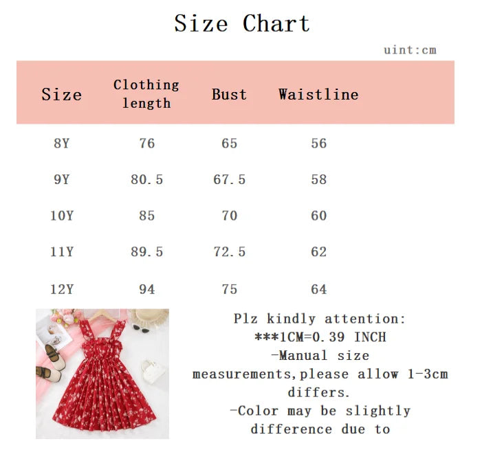 8-12 Year old Girls' Summer Dress with Pleated Printed Suspender Dress, Children's Clothing, Girls' Fashionable Casual Dress