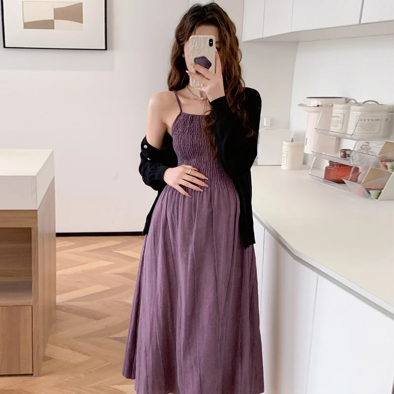 2026 Spring Maternity Dress Suits Long Sleeve Cardigans Strap Dress Twinset Pregnant Woman Clothing Set