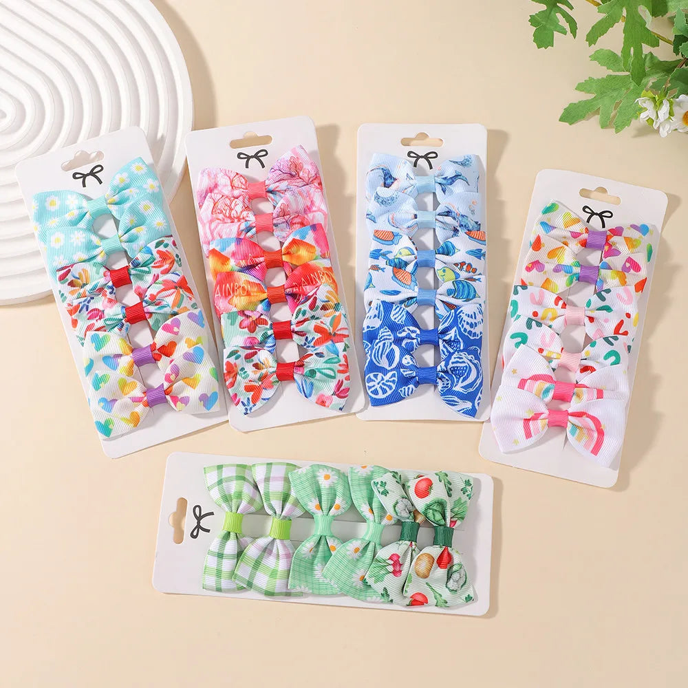 6Pcs Grosgrain Ribbon Printed Hair Bows with Clip for Girls Hair Clips Kids Hairpins Barrettes Fresh Printing Hair Accessories