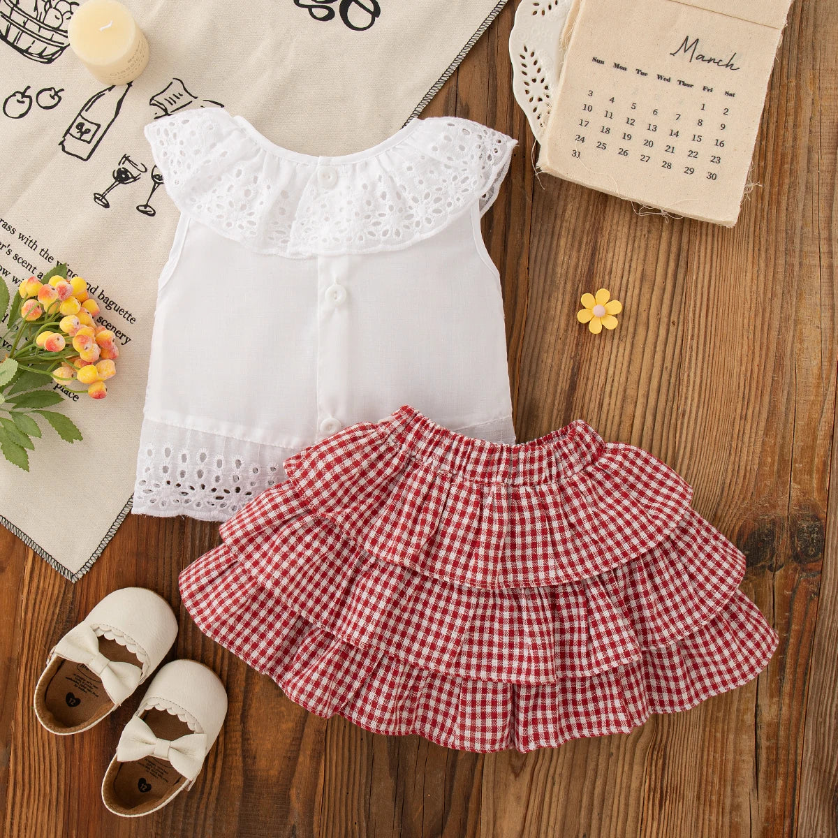 2pc/Set Girls' Suit Summer Bow And Plaid Lace Trim Short Sleeve Casual Toddler Girl Clothes Cute Simple Children Clothes