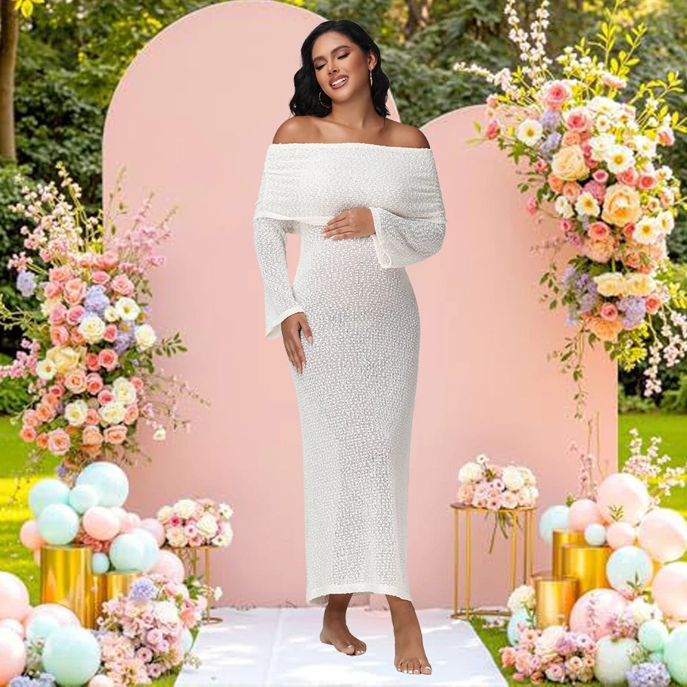 Maternity Off Shoulder Long Sleeves Semi-Sheer Knit Solid Dress for Baby Shower Party Photoshoot