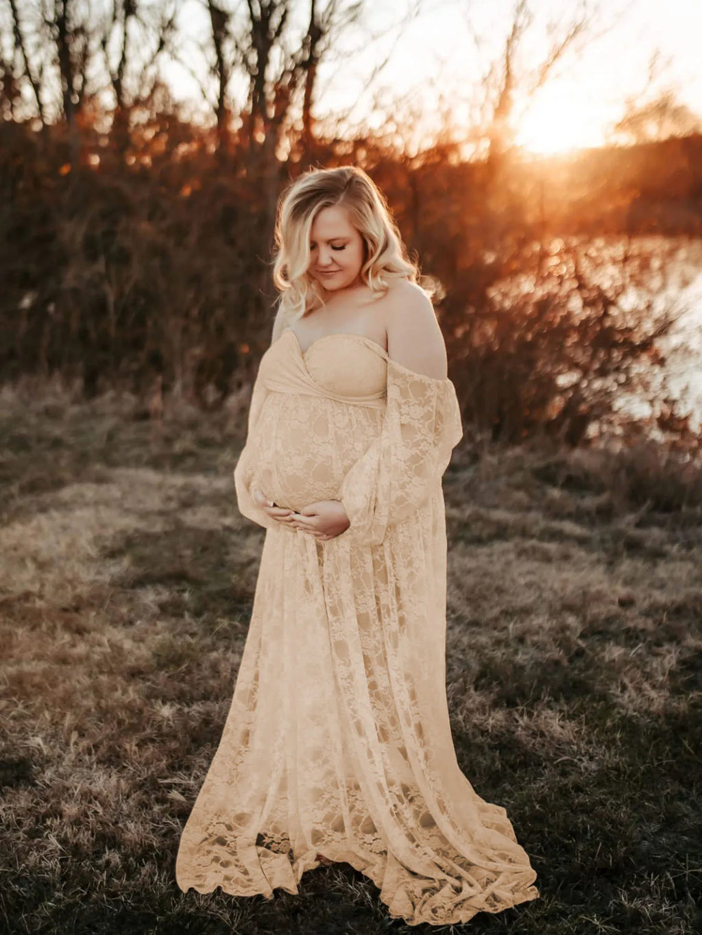 Maternity Dress Soft Stretchy Lace Off Shoulder Doubly Split A line Skirt Pregnancy Maxi Gown for Photoshoot