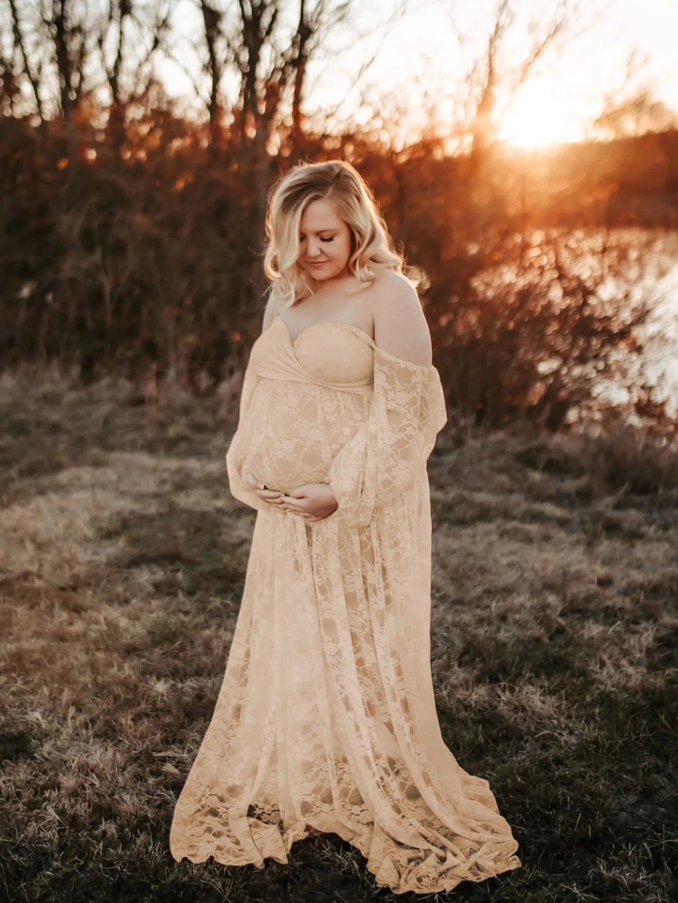 Maternity Dress Soft Stretchy Lace Off Shoulder Doubly Split A line Skirt Pregnancy Maxi Gown for Photoshoot