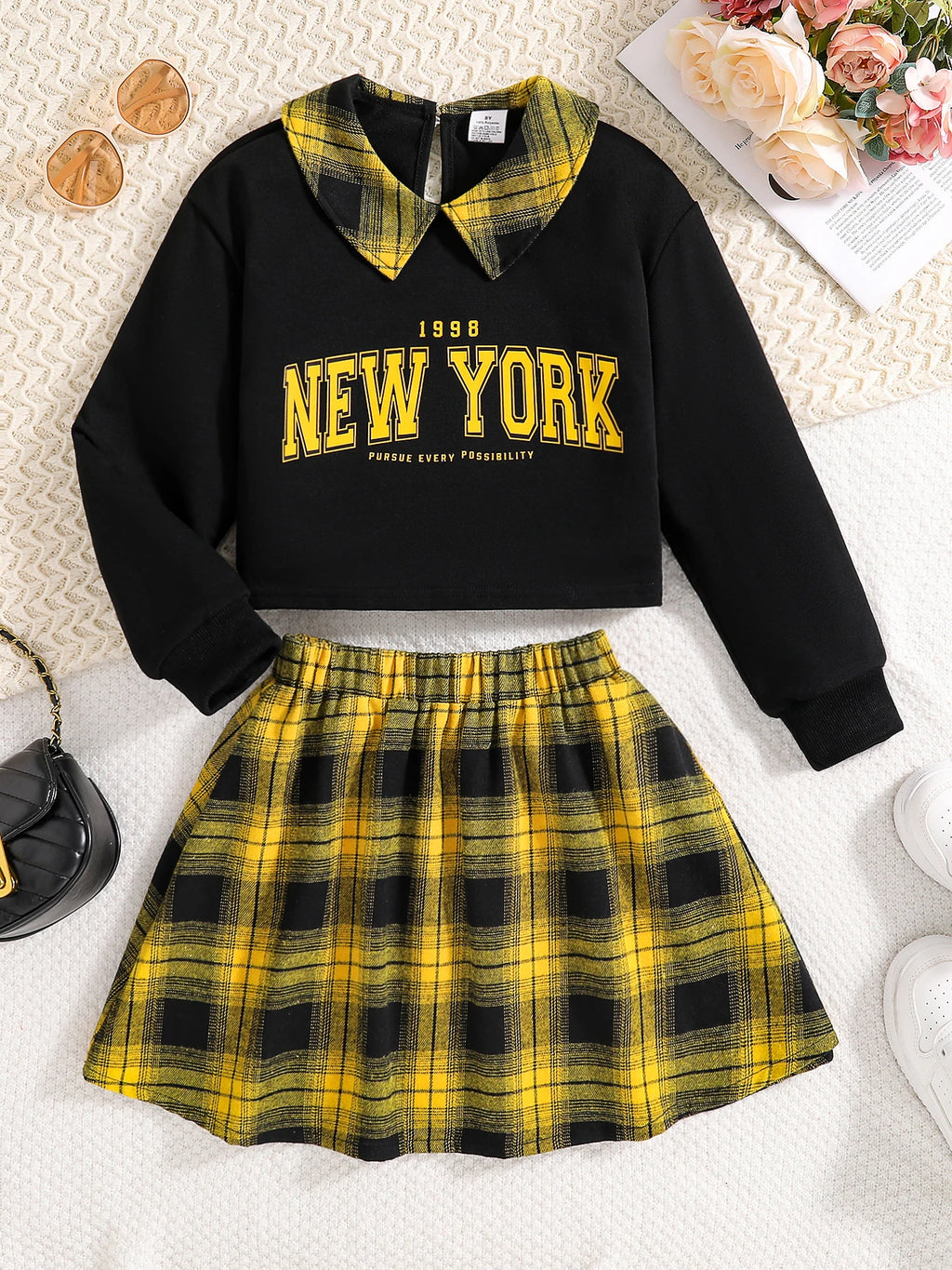 Girls Fashion Casual 2-Piece Set Black Lapel Long-Sleeved Letter Print Shirt Plaid Skirt Spring Autumn New