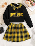 Girls Fashion Casual 2-Piece Set Black Lapel Long-Sleeved Letter Print Shirt Plaid Skirt Spring Autumn New