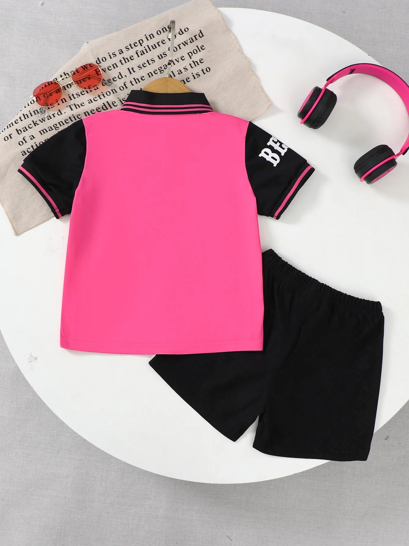 2Pcs Children's and girls' Letter Color blocked short Sleeved+Shorts summer Set, 4-7 Year old Girls' Summer Athleisure Set