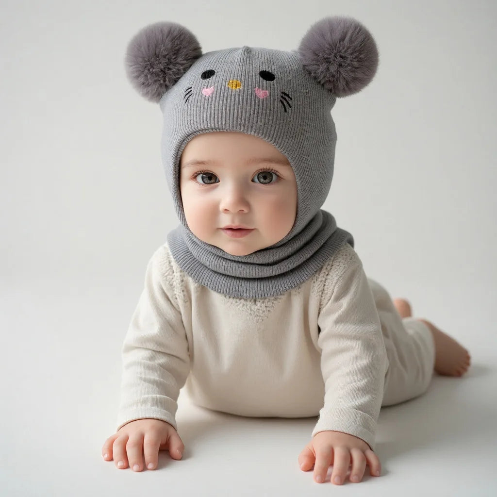 0-3Y Kids Balaclava Toddler Beanie Double Balls Baby Cat Stretchy New Born Girls Boys Beanies Winter Hats for Cold Weather Gear