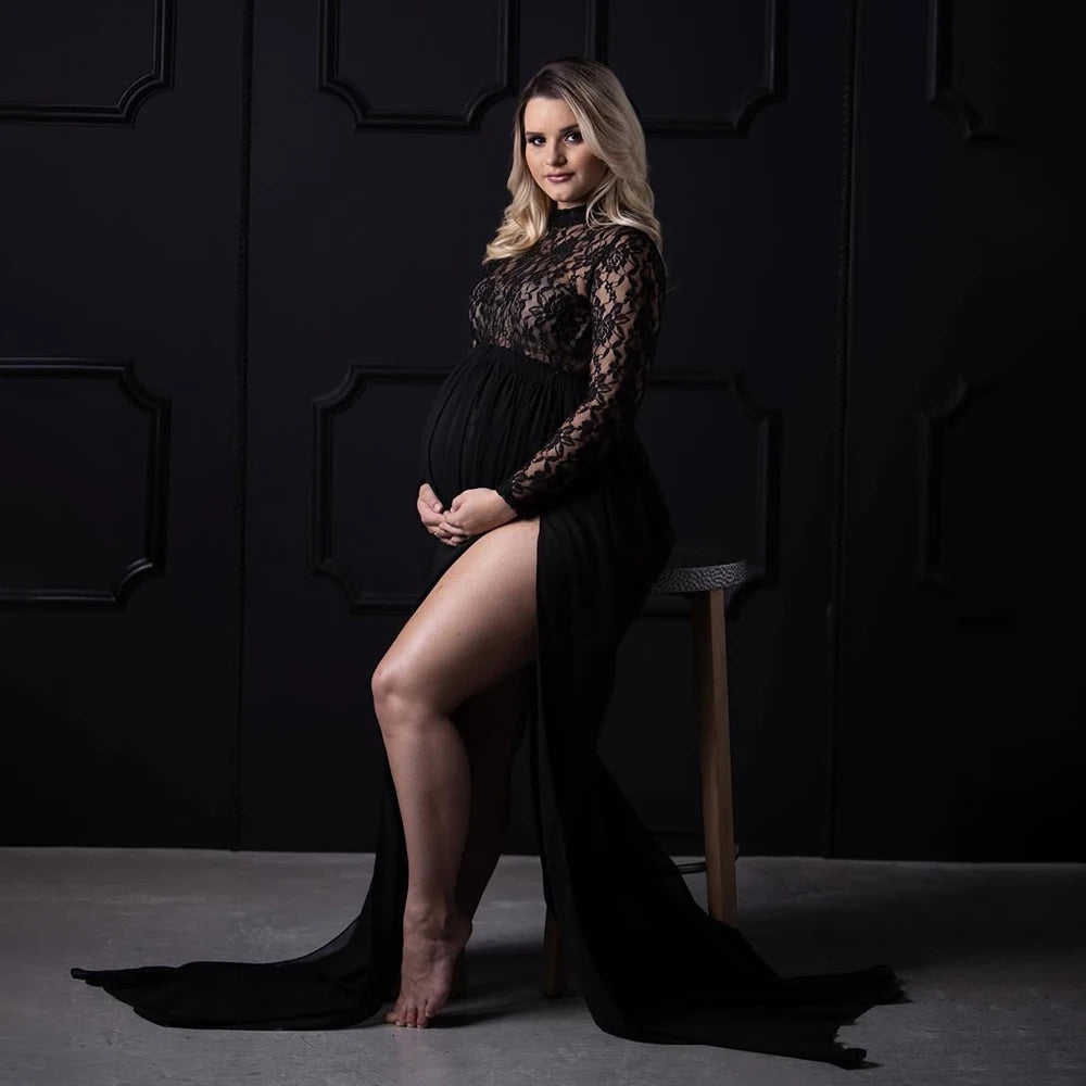 Maternity Long Sleeves Lace Dress See-Through Bodysuit and Maxi Chiffon Skirt 2Pc Outfit for Photoshoot Baby Shower