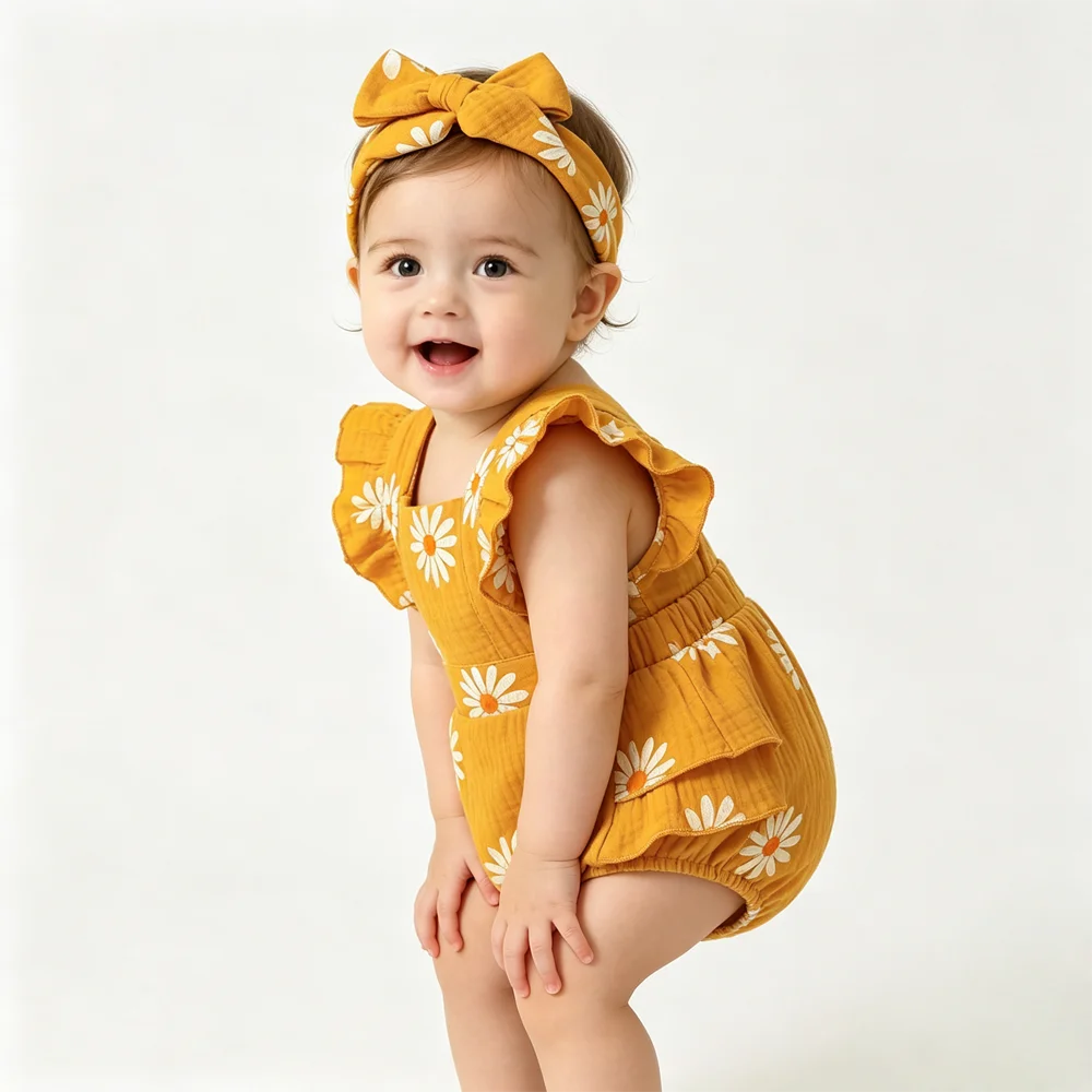 Baby Girl 2Pcs Summer Outfit Daisy Print Ruffle Flutter Sleeve Backless Romper with Headband Cute Infant Set for Daily Wear