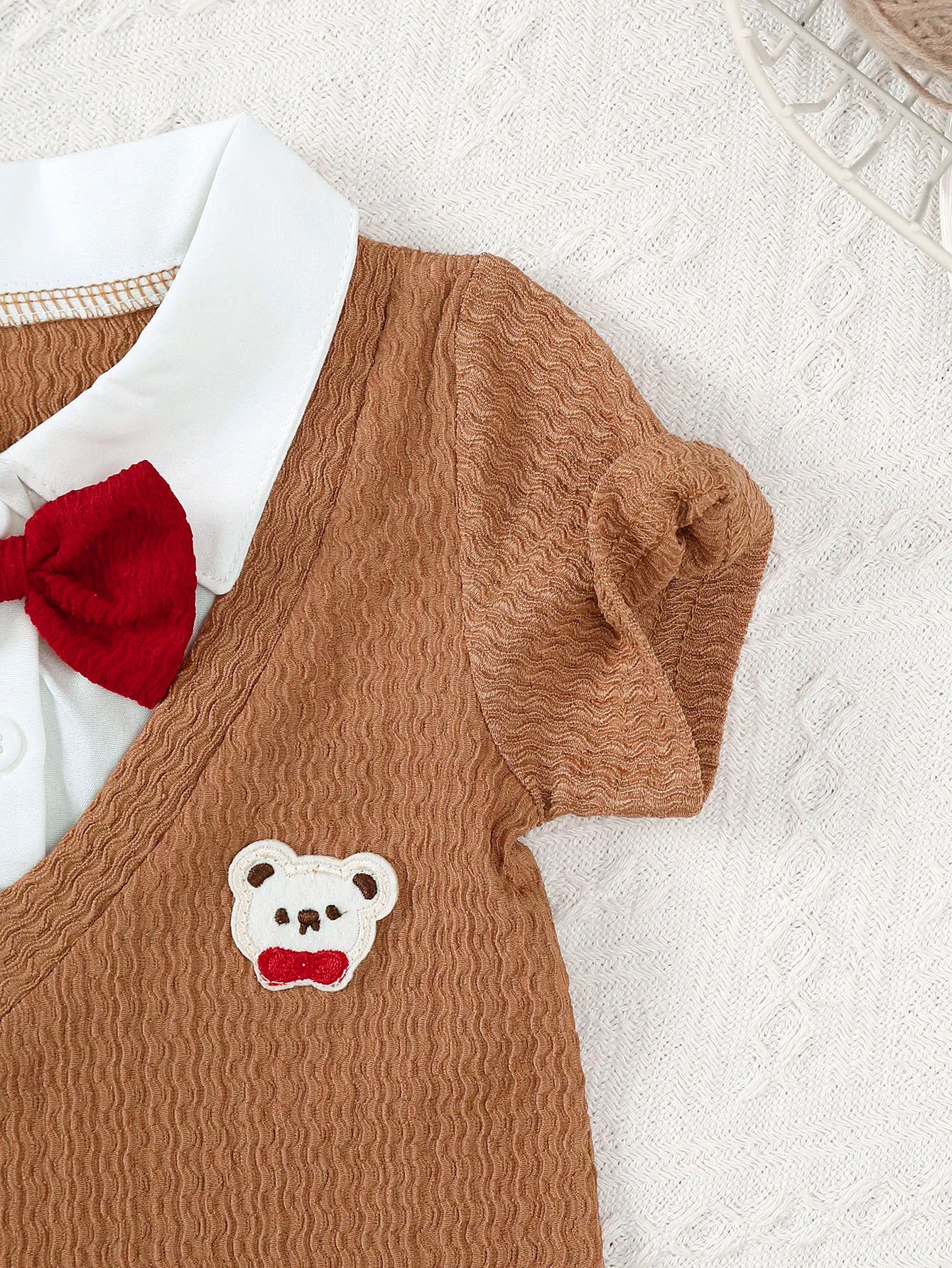 0-18 Month Baby boy Bodysuit Collar Bow Color Blocking, Cute Little bear jumpsuit Summer Newborn Baby boy Short sleeved Jumpsuit