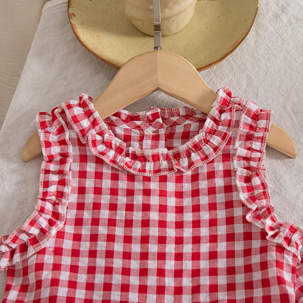 2pc/Set Girls' Outfit Set Summer Checkered Cotton Top And Shorts Baby Girl Clothing Cute Beach Baby Outfit Set