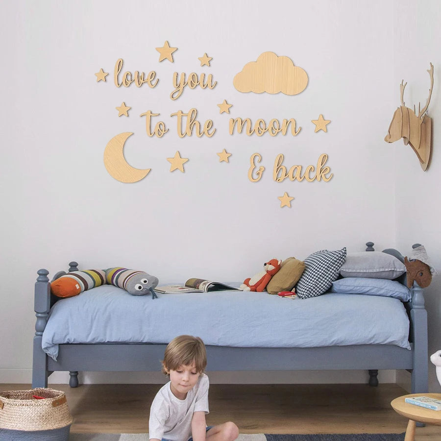 18Pc Natural Wood "Love You to the Moon" Letter Wall Stickers Children's Room Star and Moon Cloud Decoration Set Nordic Style Wooden Star and Moon Letter Wall Decor Baby Room Warm Love Message Soft Decoration Wooden Wall Stic