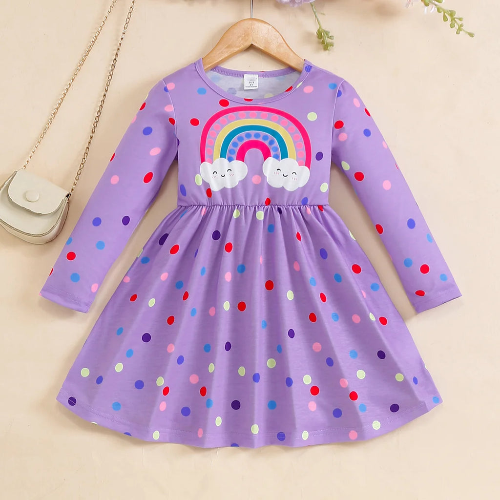 4-7 Year Children Girls Spring  Autumn Dress Rainbow Polka Dot Long sleeves Dress Girl  Fashionable Clothing
