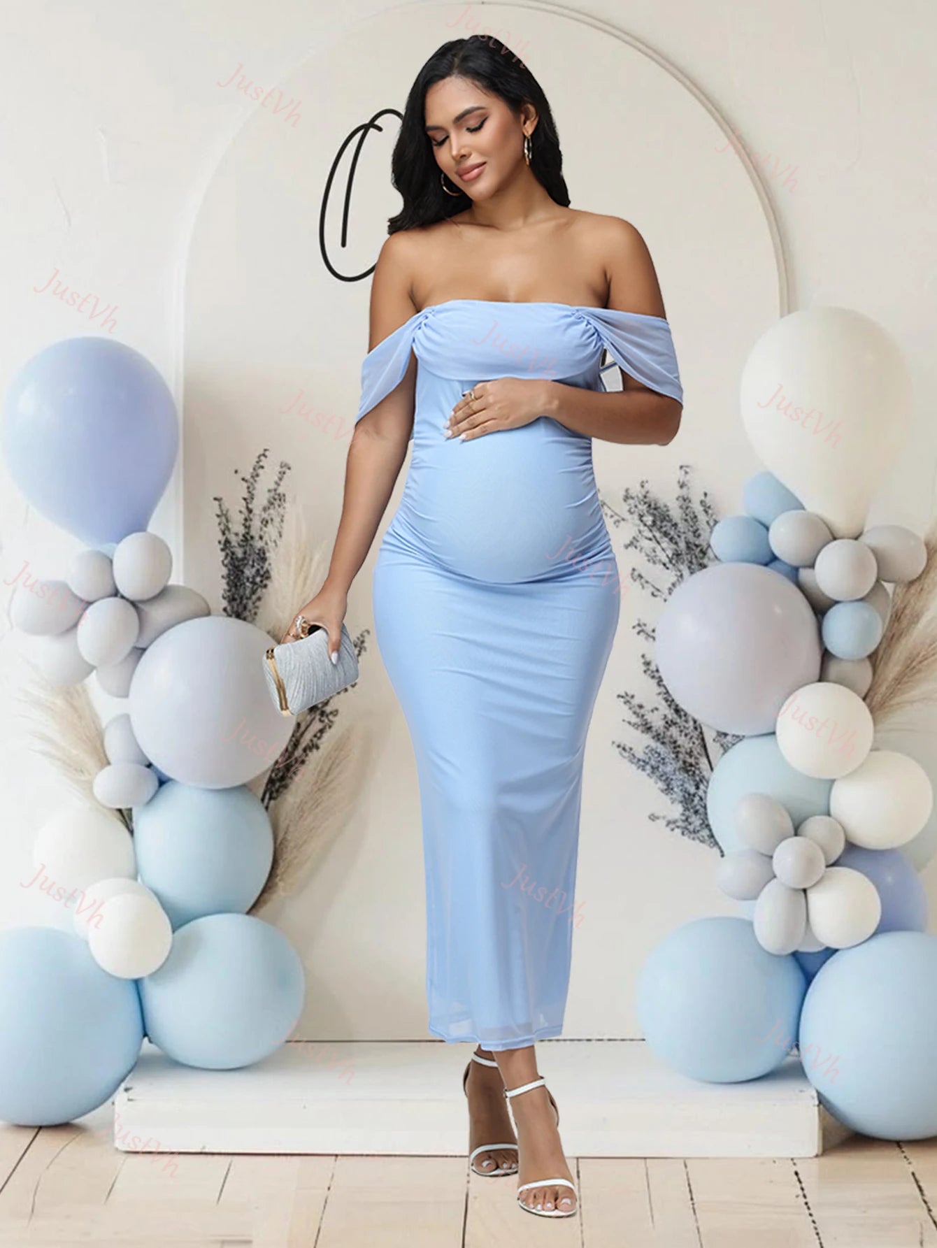 Maternity Off Shoulder Long Baby Shower Dress Mesh Rouched Bodycon Gown for Photoshoot