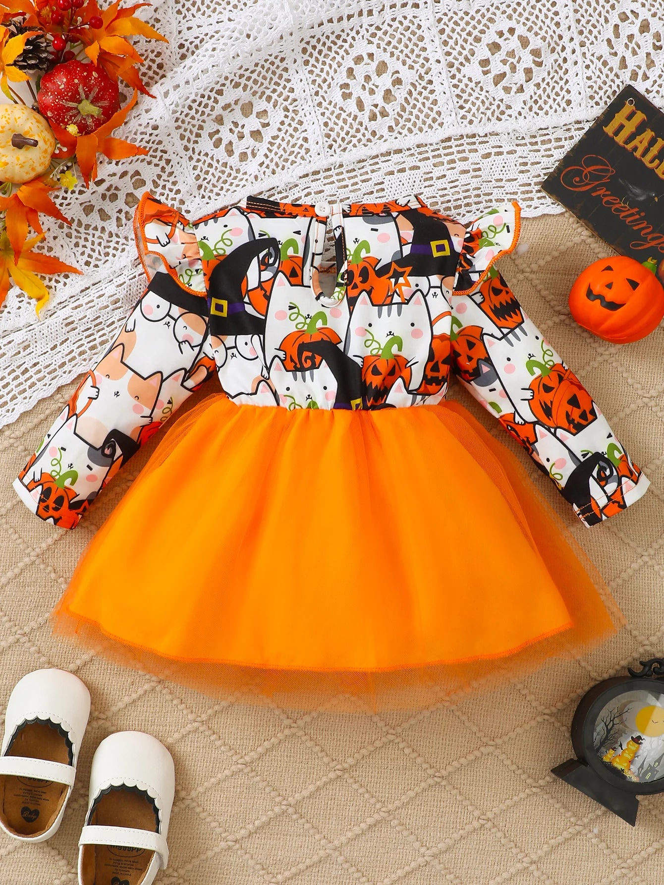 0-3 Year Girl Halloween Dress Round neck Cartoon Halloween Element  Tulle Long sleeved Dress Girl Halloween Party  Dress