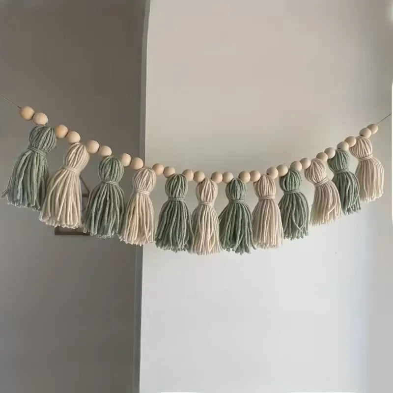 Ins Bohemian Green and White Wooden Bead Tassel Garland Sage Series Wooden Bead Tassel Banner Fireplace Decoration Home Wall Hanging Decoration Sage
