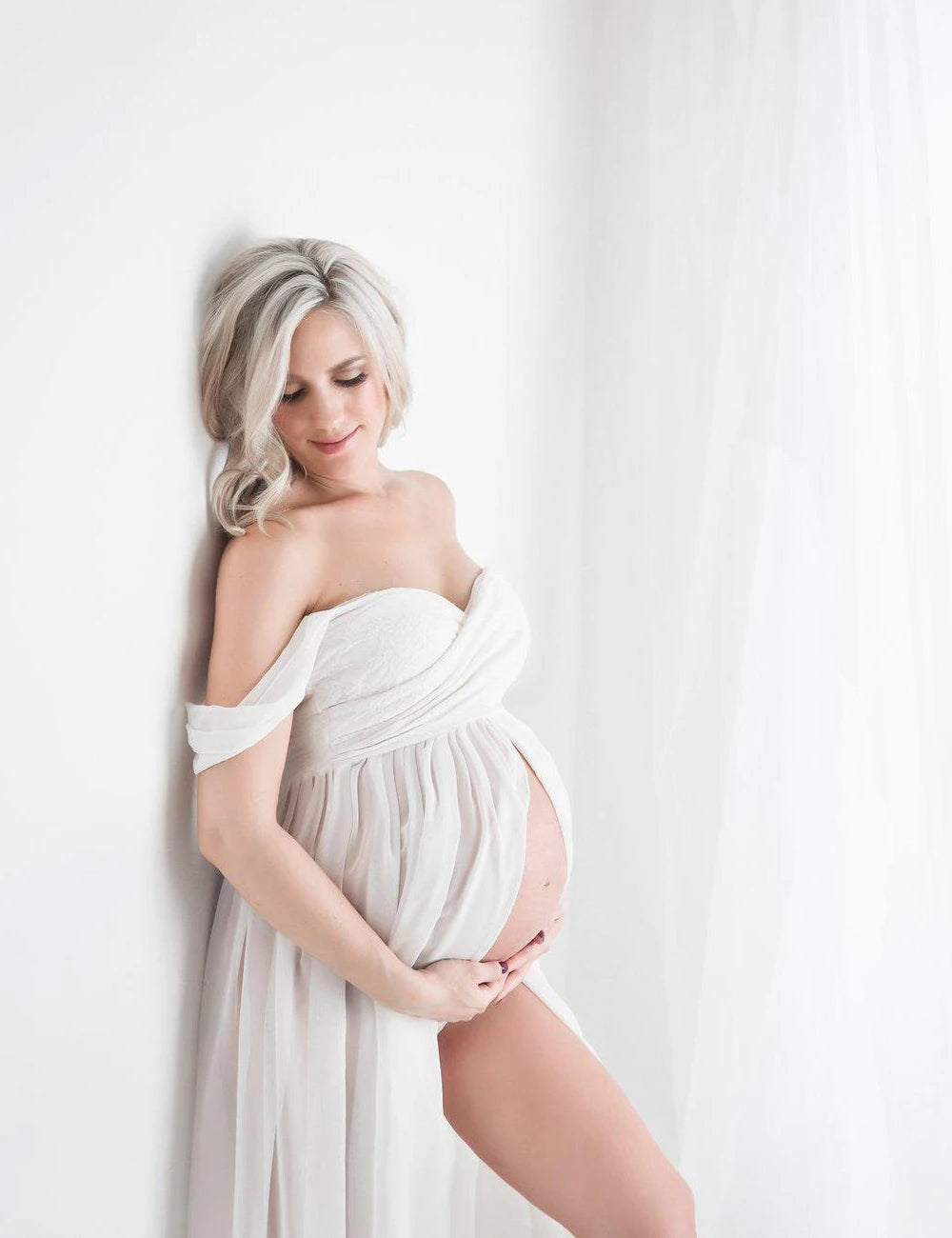 JustVH Maternity Off Shoulder Chiffon Lace Gown Split Front Maxi Photography Dress for Photoshoot