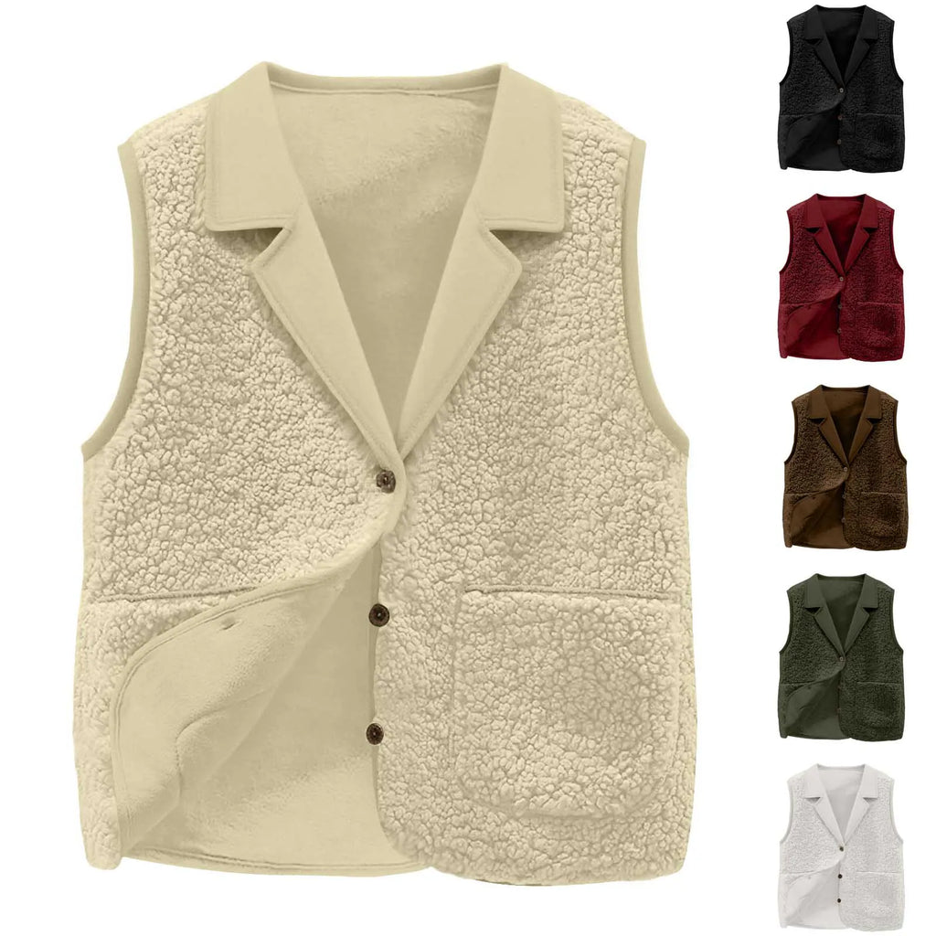 Women's Sherpa Fleece Vest, Lapel Collar, Button-Front, Pockets, Casual Warm Sleeveless Jacket Coat for Autumn Winter
