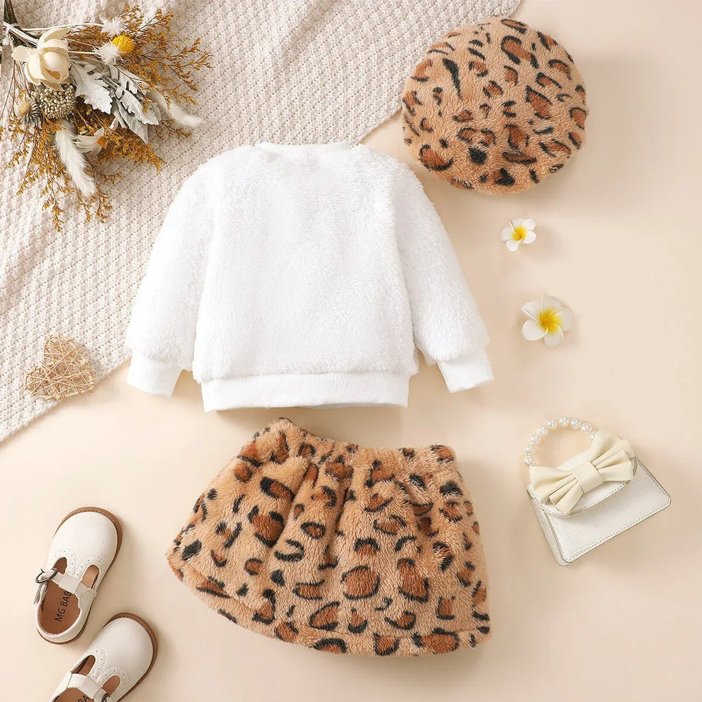 3Pcs Baby Girl Autumn Fashion Set Plush Leopard print Top+Skirt+Hat Autumn/Winter Set Suitable for Cute Baby Girls 0-3 Years Old