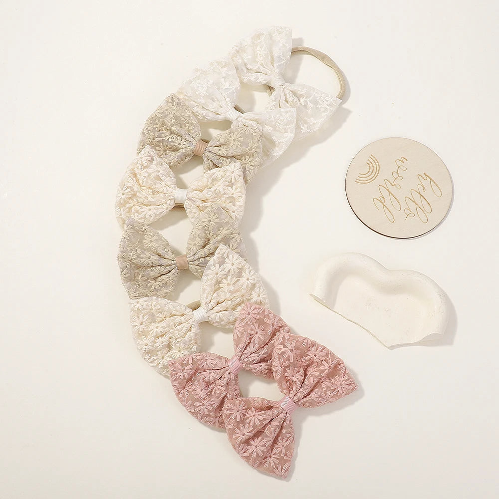 4Pcs 4.5 Inch Big Bows Hair Nylon Band for Baby Rural Style Daisy Embroidery Butterfly Bow Headband Sweet Headdress