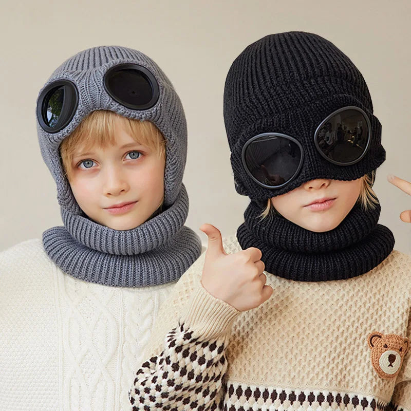 Skiing Children Winter Hat Scarf Set Knitted Kids Beanie with Goggles Ears Protection Child Bonnet Hats for Girls Boys 4-10Y