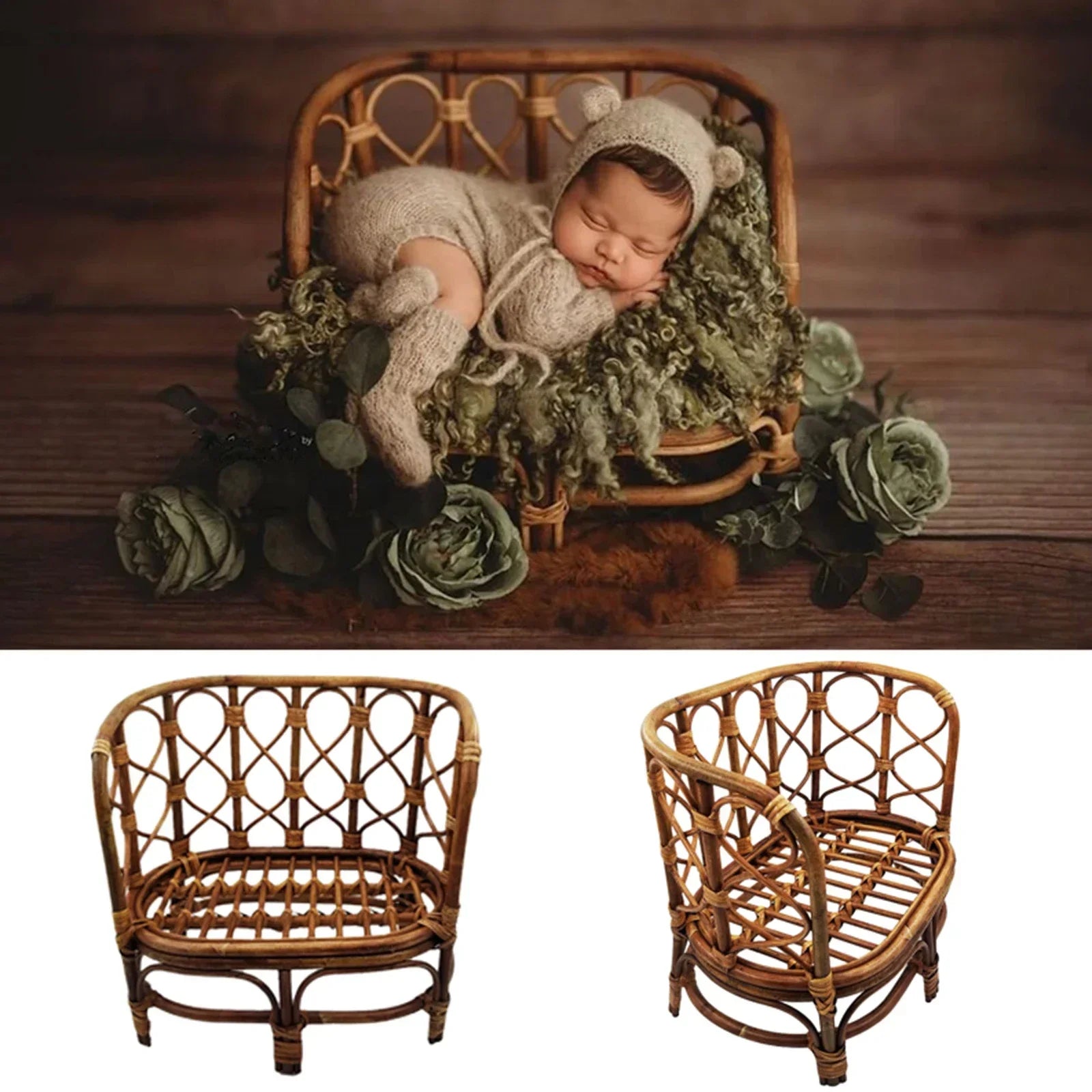 Handmade Baby Bamboo Bench & Bed + Rattan Basket Newborn Photography Props Container for Infant Posing Baby Studio Shooting Use