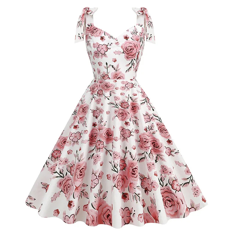 Summer New Parent-Child Dress Flower Bow Print Strap Dress Beach Party Fashion Cute V-Neck Mother Daughter Dress
