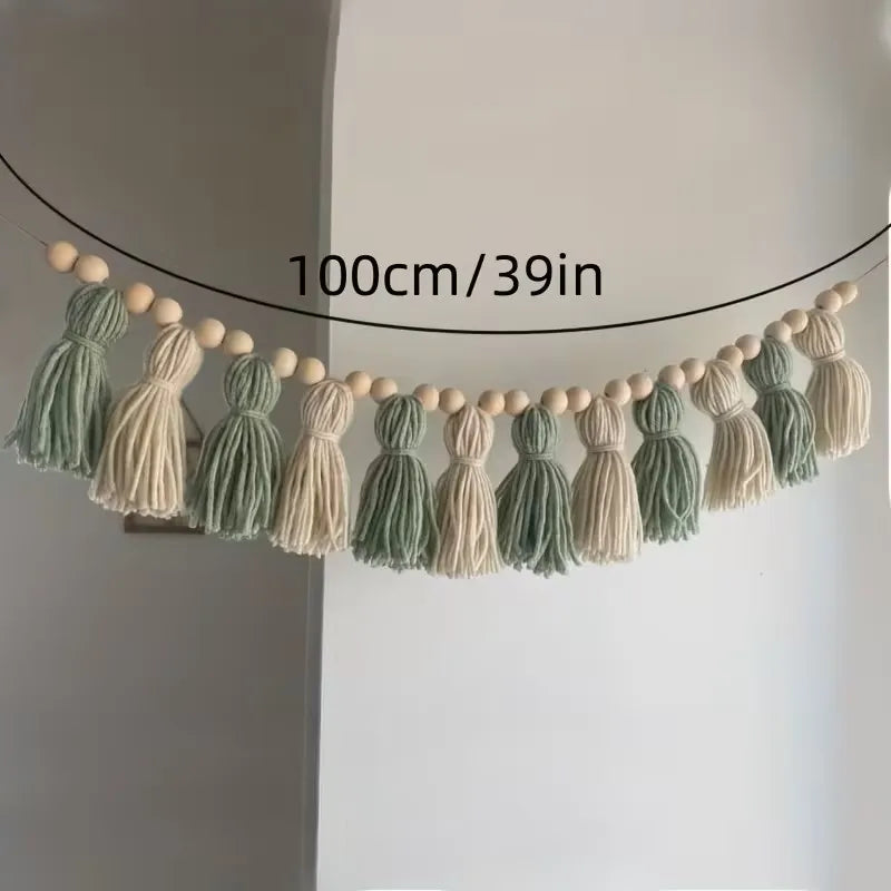 Ins Bohemian Green and White Wooden Bead Tassel Garland Sage Series Wooden Bead Tassel Banner Fireplace Decoration Home Wall Hanging Decoration Sage