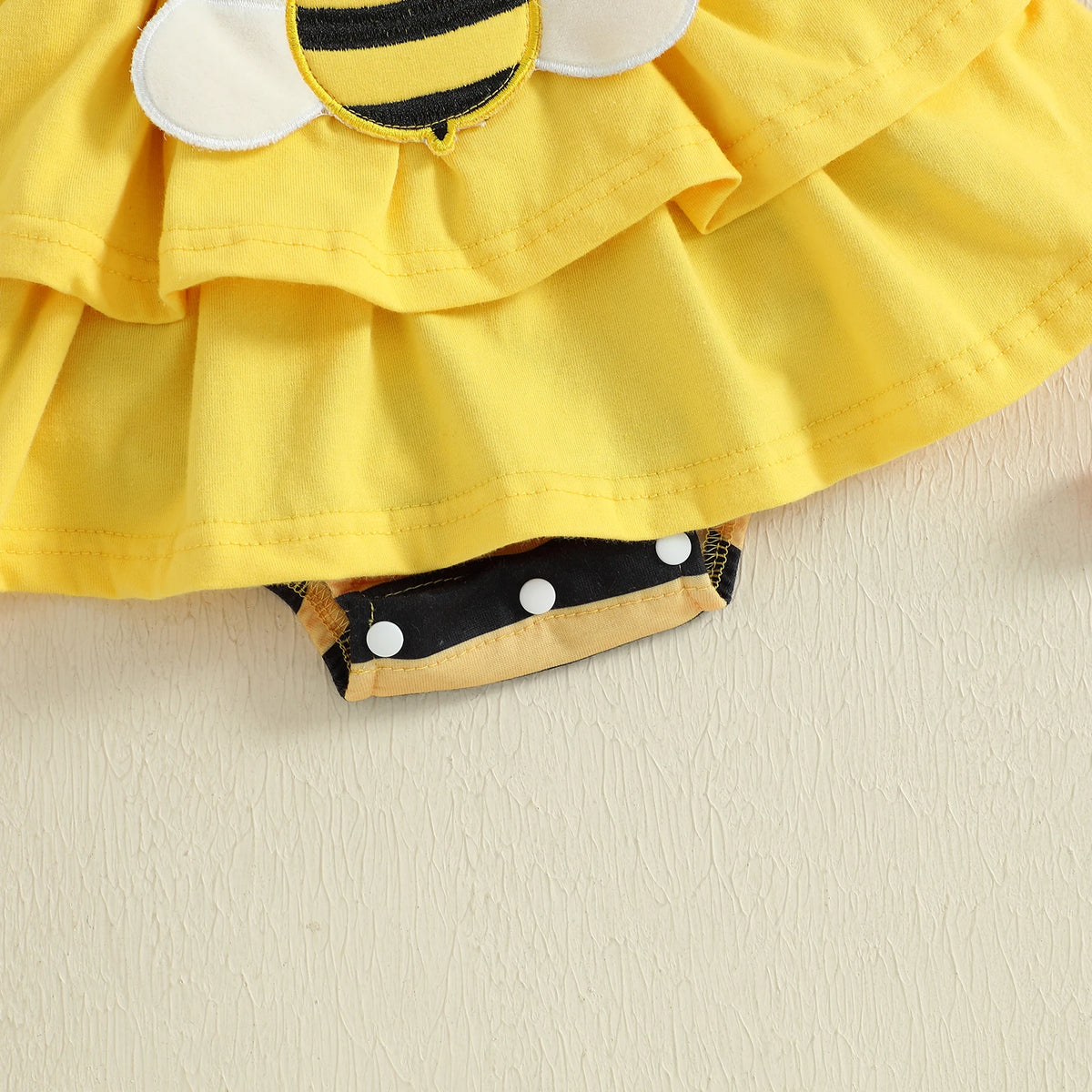 0-18M Newborn Baby Girl Romper Dress Summer Short Sleeve Striped Bee Pattern Tierred Bodysuit with Headband Cute Infant Clothes