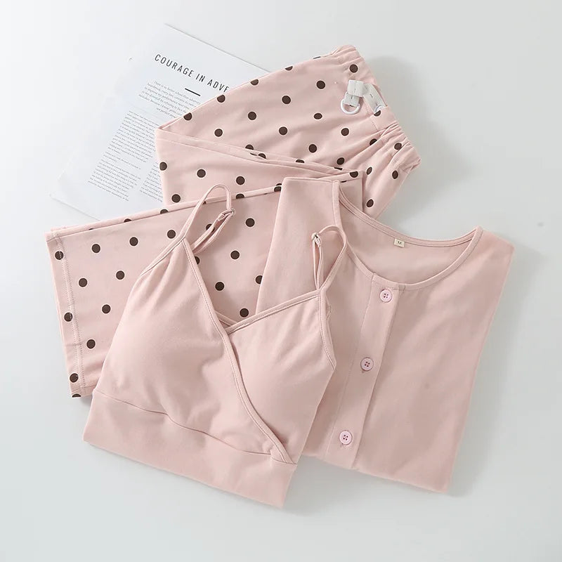 Cotton Maternity Woman 2025 Spring Summer 3 Pieces Lactation Pajamas Pregnancy Sleepwear Pregnant Clothes Feeding Nightie