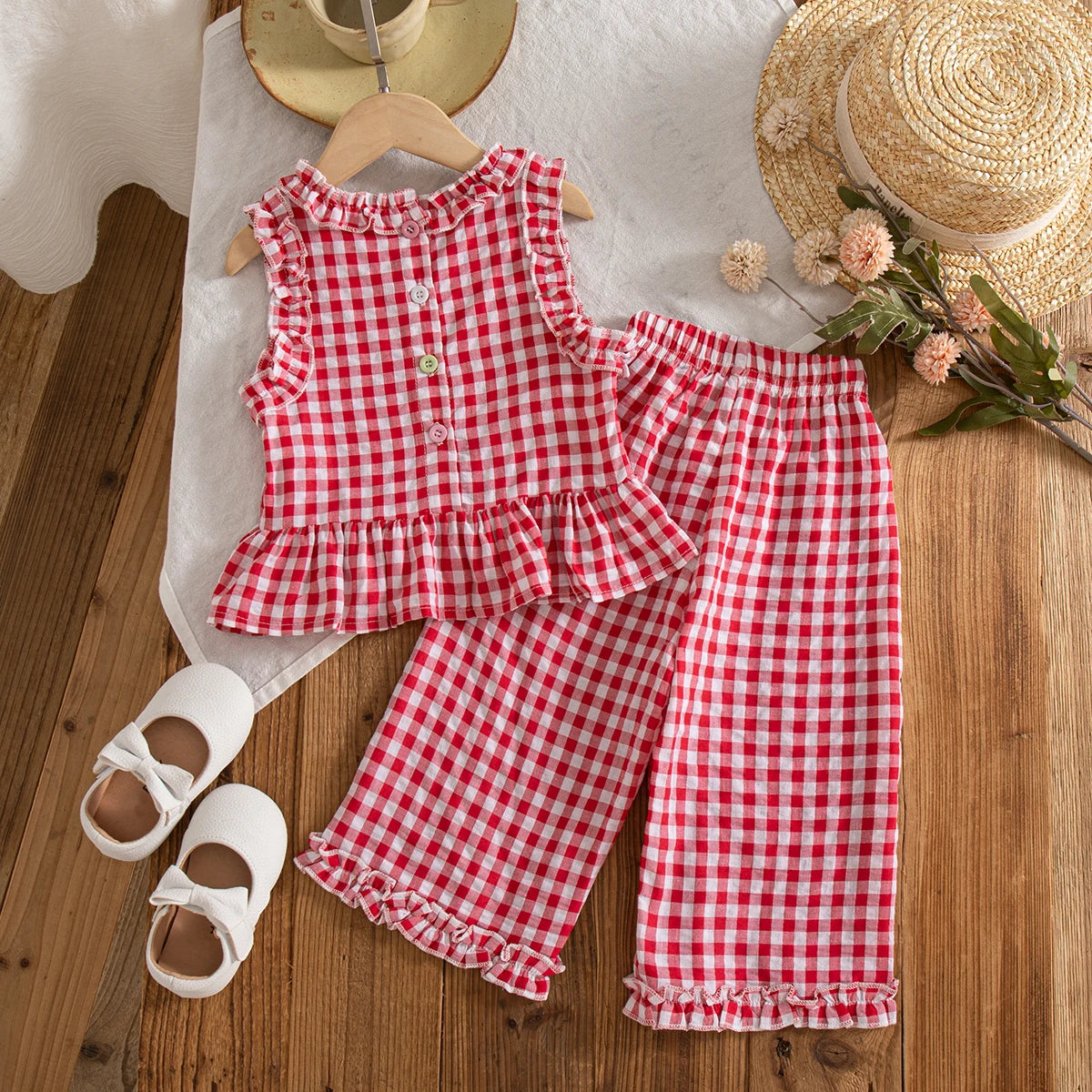 2pc/Set Girls' Outfit Set Summer Checkered Cotton Top And Shorts Baby Girl Clothing Cute Beach Baby Outfit Set