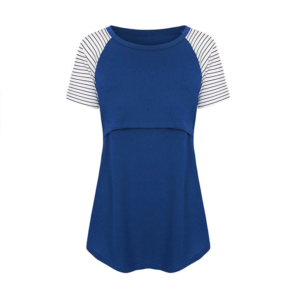 Women Maternity Short Sleeve Nursing Patchwork Color Tops Breastfeeding Blouse