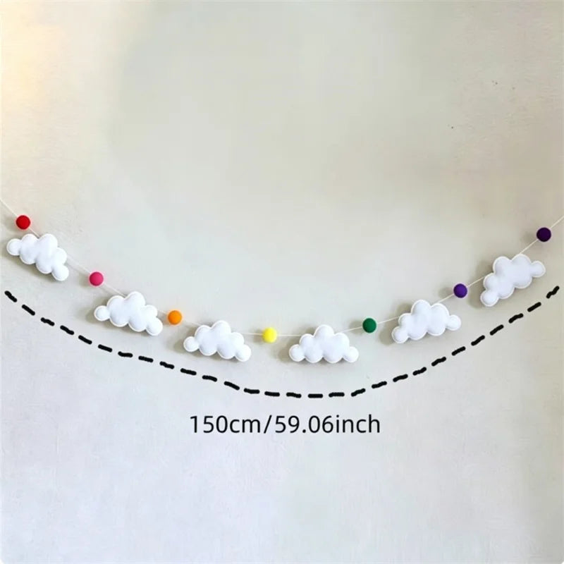 Nordic Felt Cloud and Pompom Garlands String Wall Hanging Decor Kids Room Bed Curtain Hanging Ornaments Party Banner Photo Props