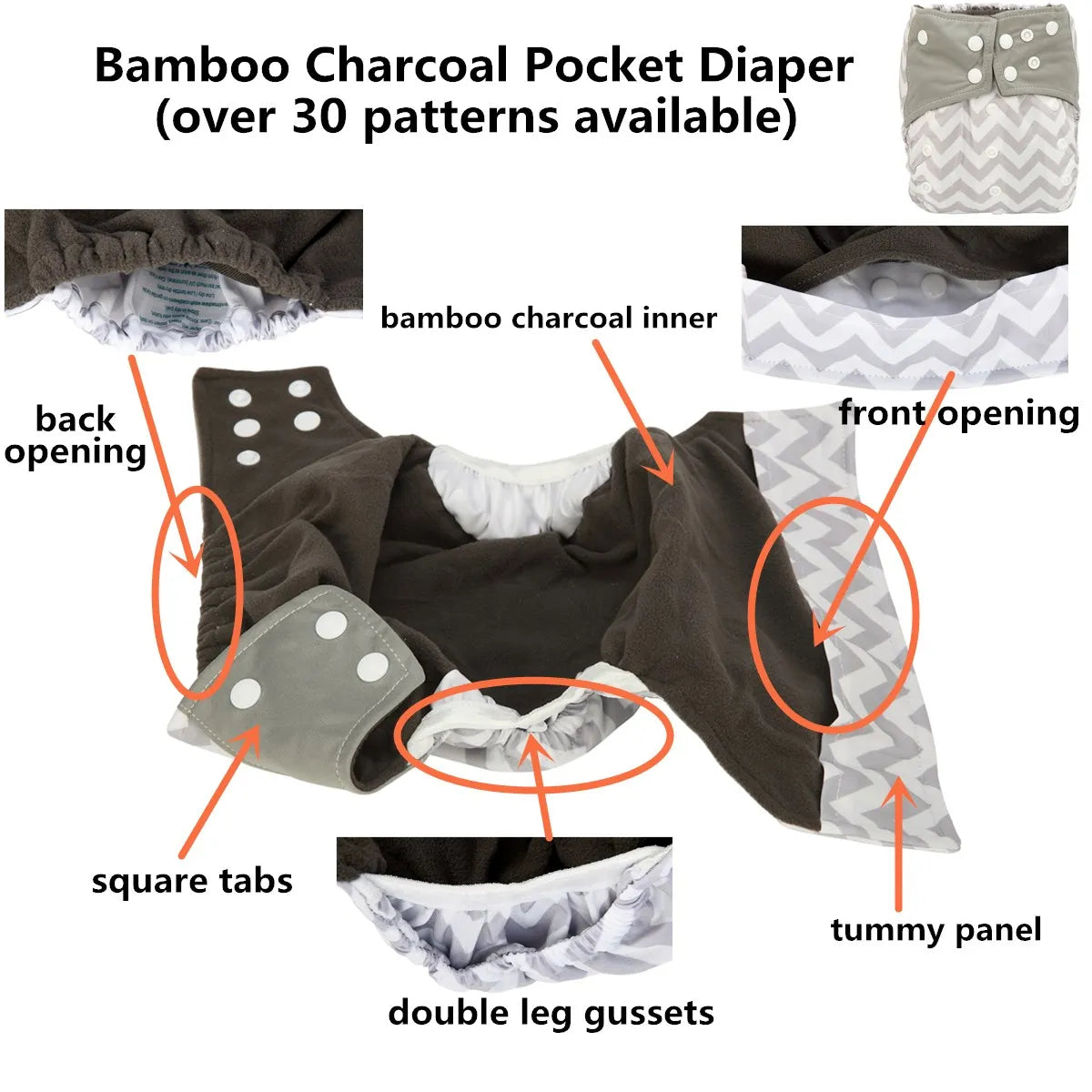 1 Baby Cloth Diaper Nappy Washable Reusable Double Gusset Bamboo Charcoal 3-15kg 8-36lbs NO INSERTS