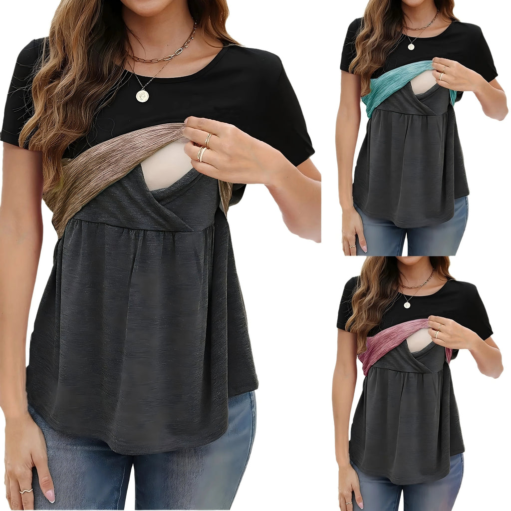 Maternity Nursing Top Color Block round Neck Short Sleeve T-Shirt Comfortable Breastfeeding Shirt for Pregnant Women