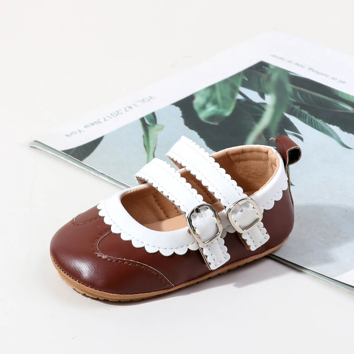 0-18 Months Infant Pre-walker Shoes, Scalloped Lace Trim Dual Buckle Strap Soft Non-slip Rubber Sole Indoor Baby Mary Jane Shoes