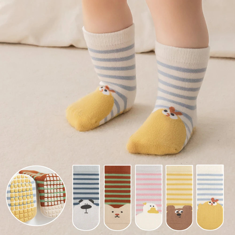 5 pairs  striped anti-slip baby floor socks, children's cartoon animal mid-calf socks, suitable for all seasons to wear