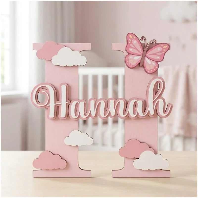 Personalized Wooden Initial Letter Name Sign – Pink Butterfly Cloud Nursery Wall Decor