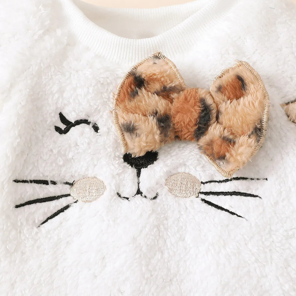 3Pcs Baby Girl Autumn Fashion Set Plush Leopard print Top+Skirt+Hat Autumn/Winter Set Suitable for Cute Baby Girls 0-3 Years Old