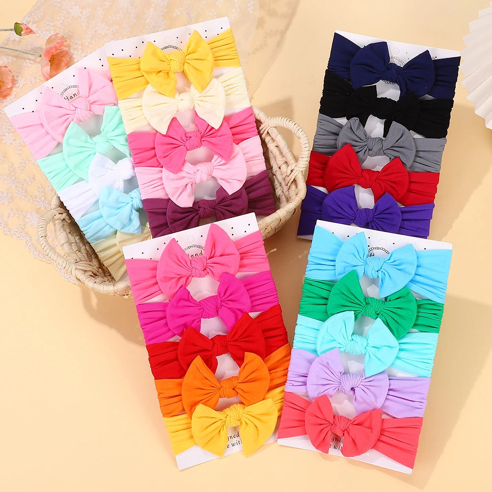 5Pcs/lot Bright Nylon Solid Color Baby Headband Set 3.5inch Bowknot Casual Headties Soft and Non Damaging To Hair