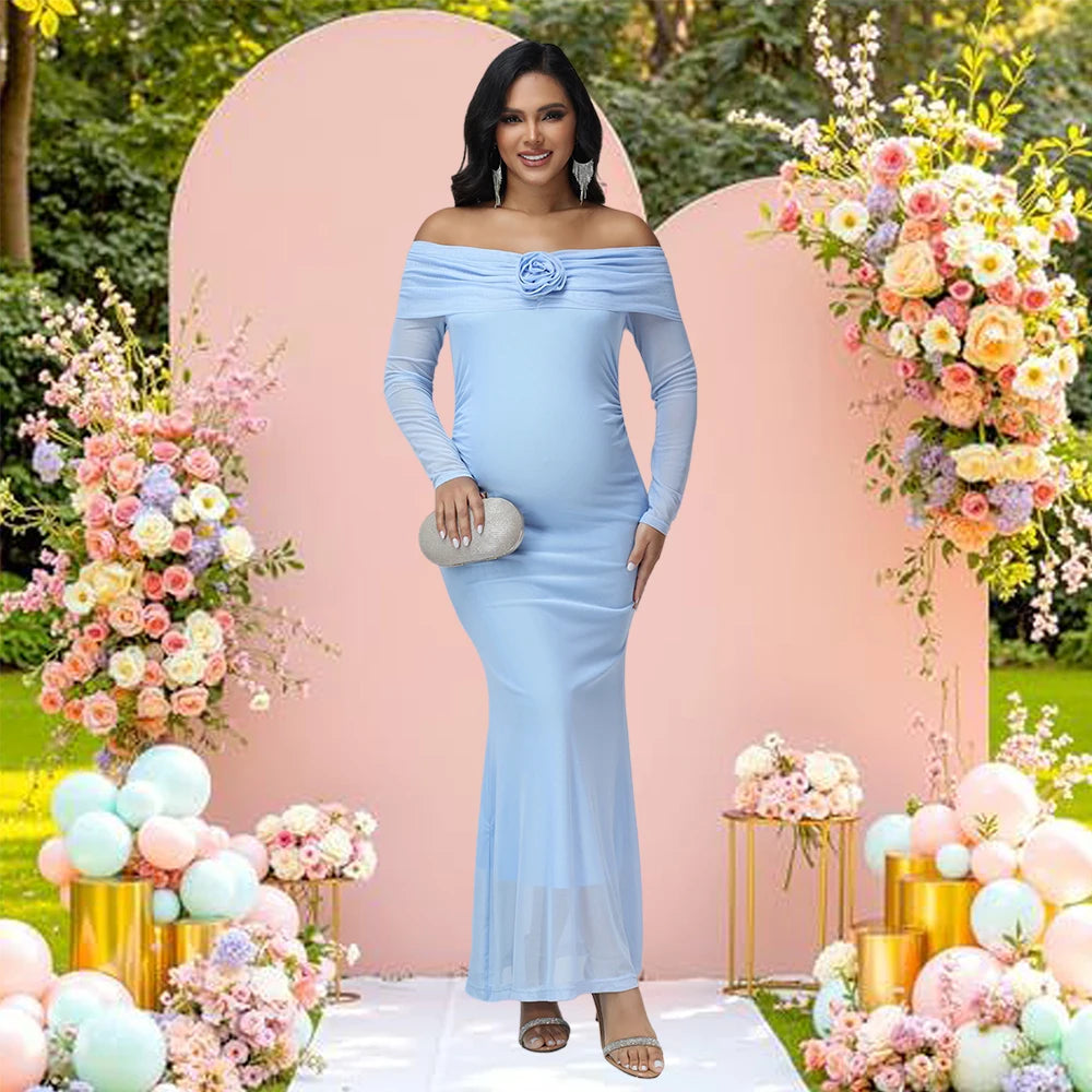 Maternity 3D Floral Off Shoulder Long Sleeve Mesh Long Dress Elegant Fitted Gown for Baby Shower Photoshoot