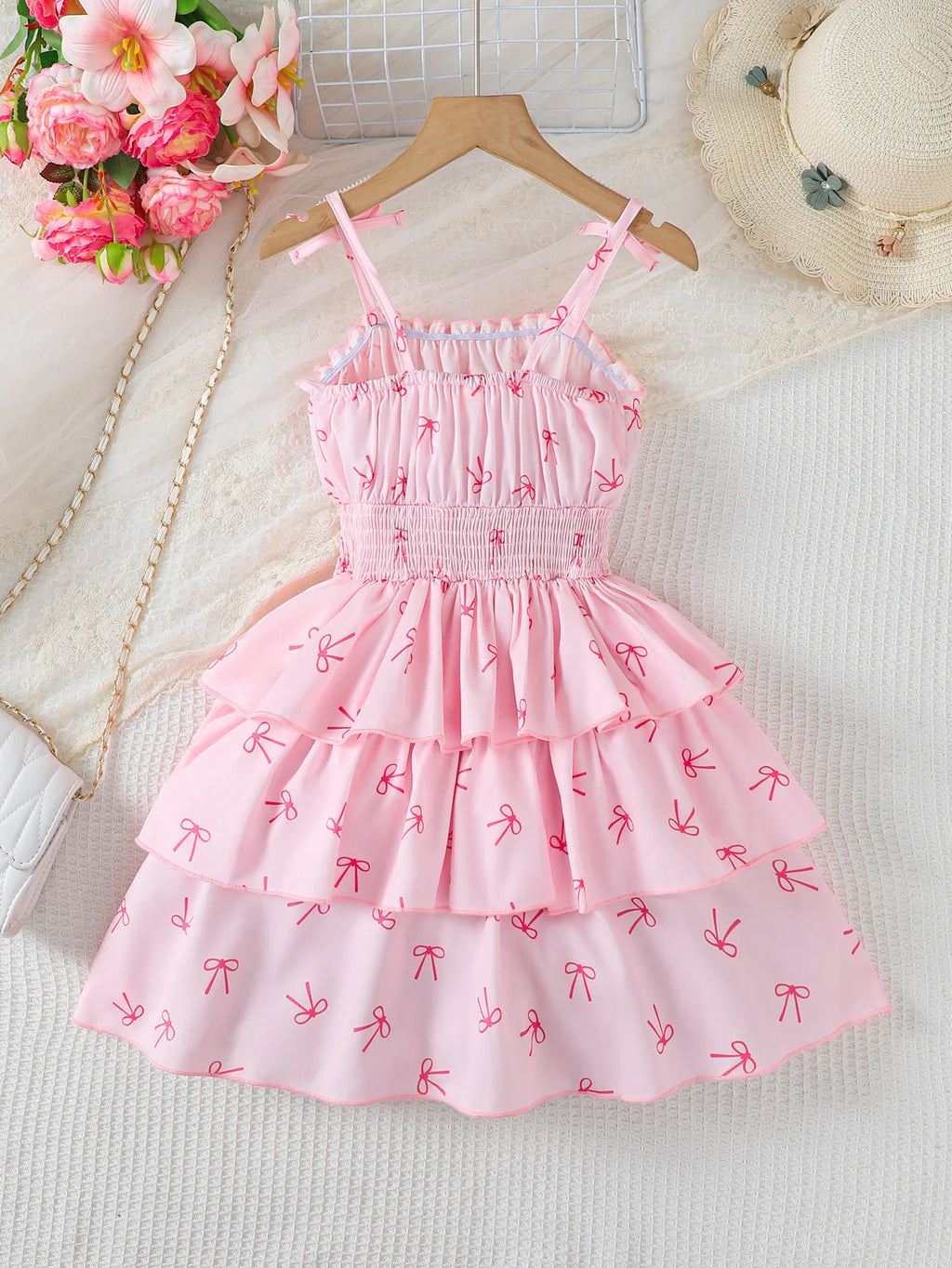 Girls Butterfly Knot Patterned Strap Dress Summer Children's Fashion Comfortable Versatile Outdoor Scene Suitable Dress