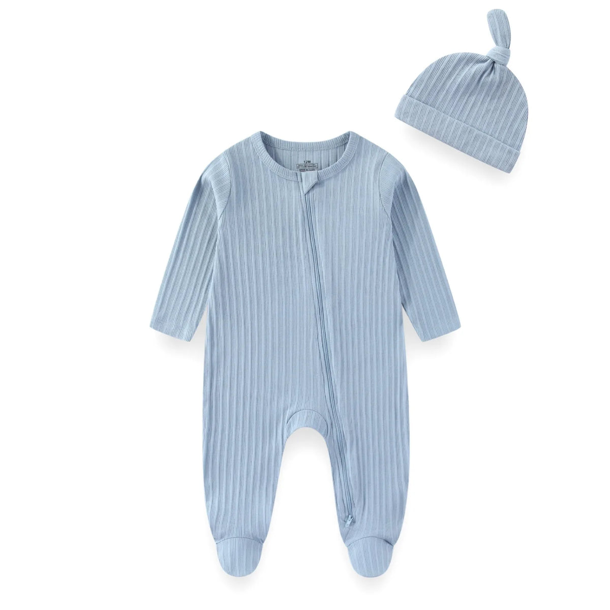 Two-Piece Baby Unisex Romper Hat Set 0-12M Long Sleeve Jumpsuit Cap Solid Color Newborn Outfit