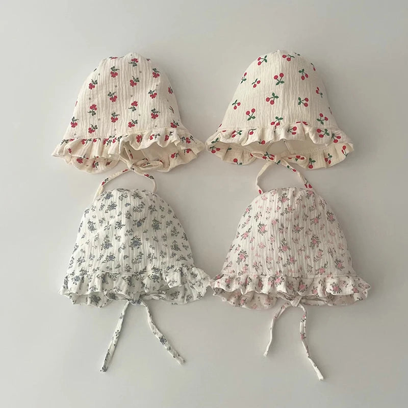 0-12Month Newborn Floral Ear Protection Hat Princess Girl Palace Hats Spring Summer Baby Sunshade Visors Flower Print Infant Cap