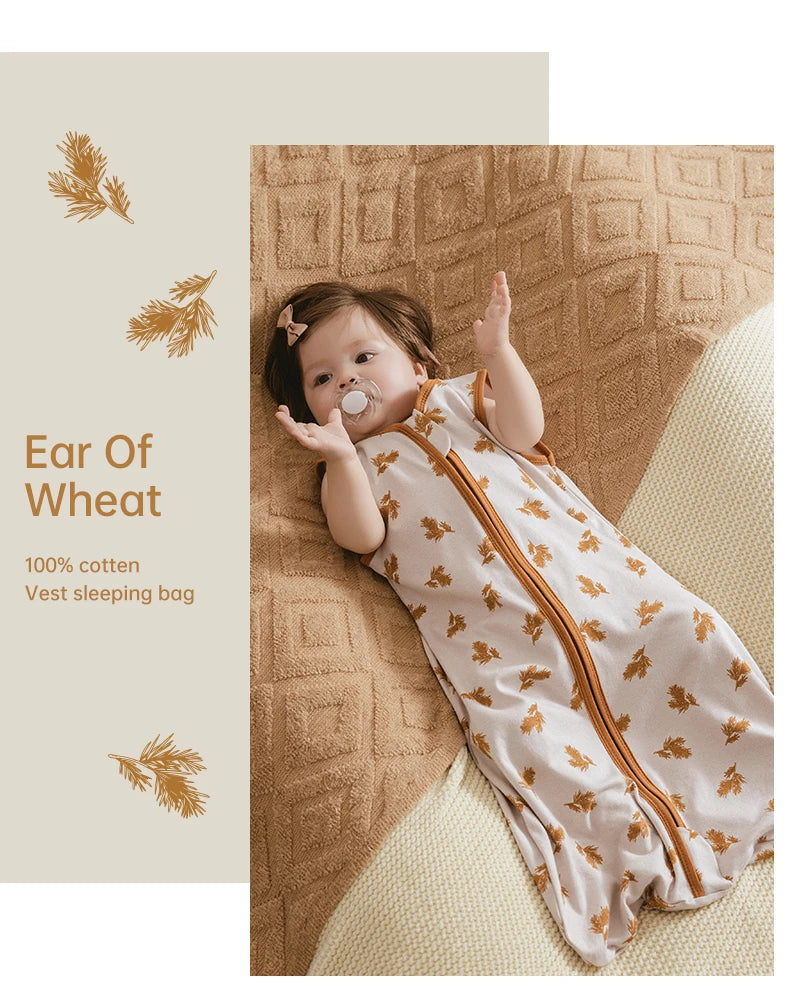 0-24 Months Baby Sleeping Bag Summer Thin Layer Sleep Sacks 0.5Tog One-Piece Sleepwear Beige Wheat Printed Anti-Kick Blanket
