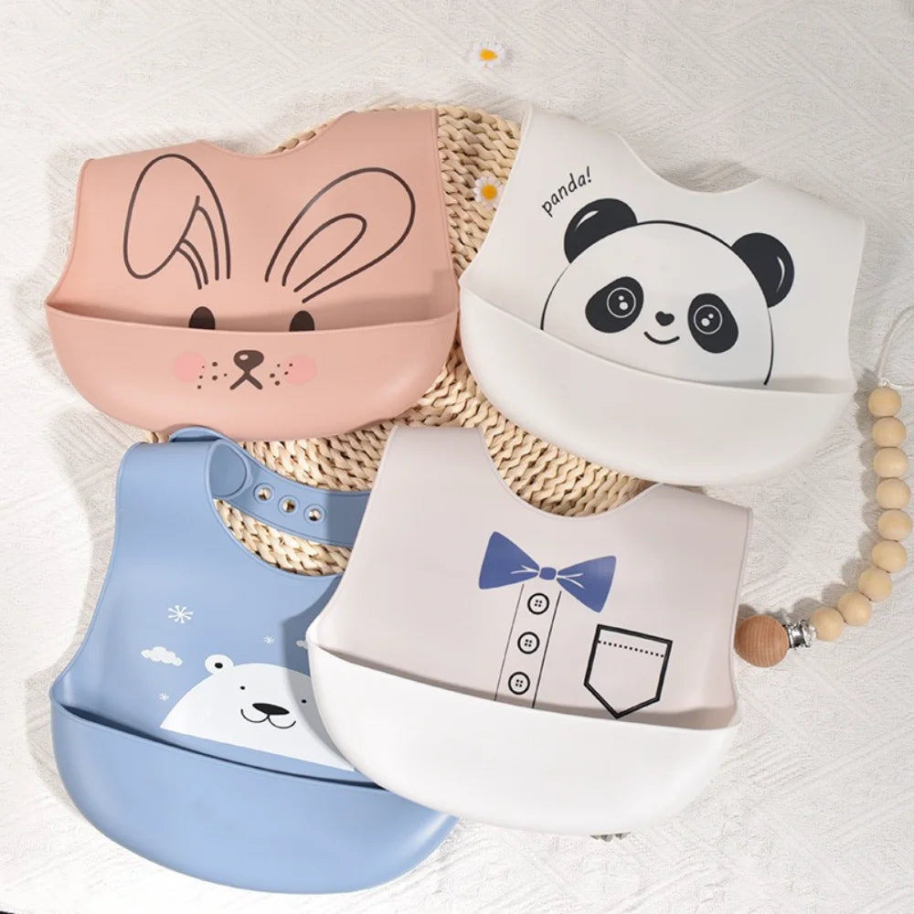 New Hot Soft Silicone Baby Feeding Bibs Waterproof BPA Free Antibacterial Adjustable Toddler Kids Large Pocket Bib Easy Clean