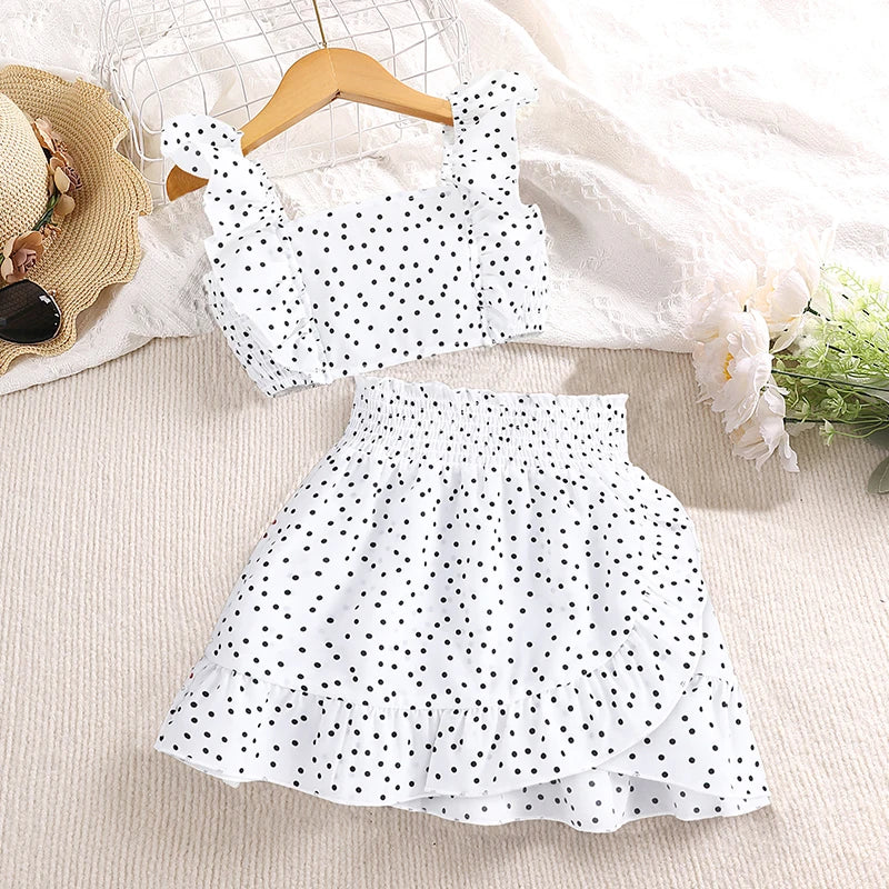Girls' Clothing Set 5-12T Tri-Color Optional Flying Sleeve Square Collar Vest Top + Lace Skirts  Children Girls Baby Clothes Set
